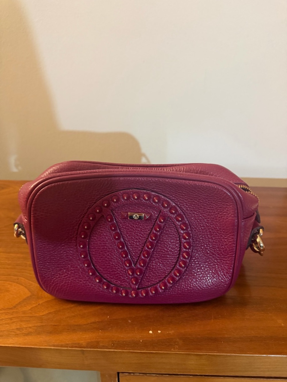 Valentino Plum Pebbled Leather Crossbody with Stud Logo